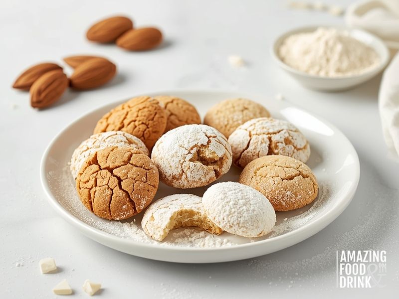 Naturally gluten-free cookies including Italian Amaretti, almond-based Ricciarelli, and Persian rice flour Nan-e Berenji