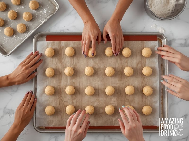 Hands shaping cookie dough balls on parchment paper demonstrating proper technique for freezing and baking