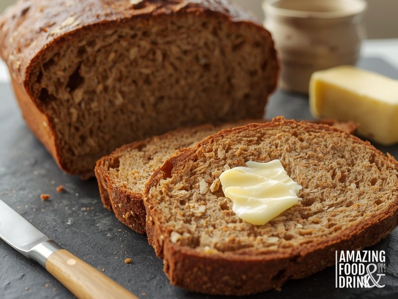 Freshly baked Irish soda bread sliced to show texture with butter on rustic surface