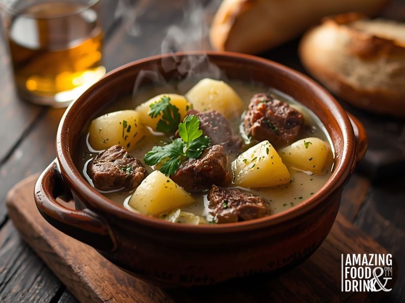 Steaming bowl of authentic Irish stew with lamb, potatoes and parsley in rustic setting