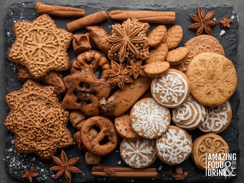 Collection of spiced snap cookies including Dutch Speculoos with stamped patterns, Swedish Pepparkakor, and Mexican Coyotas