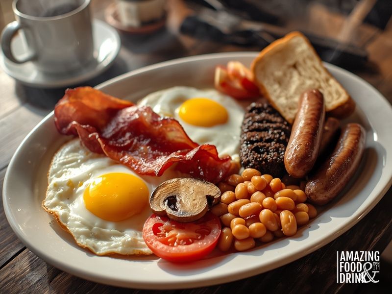 Full English breakfast with eggs, bacon, sausages, black pudding, beans and toast