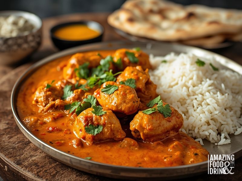 Chicken tikka masala curry with rice and naan bread, Britain's adopted national dish