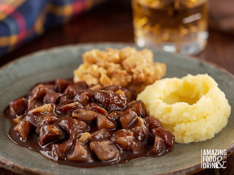 Scottish haggis served with neeps and tatties in a traditional pub