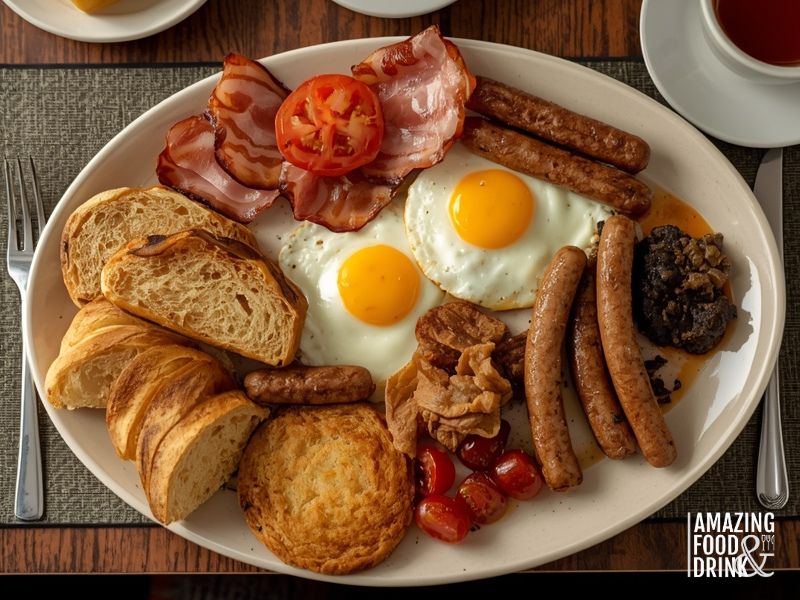 Ulster Fry breakfast with soda bread and potato bread from Northern Ireland