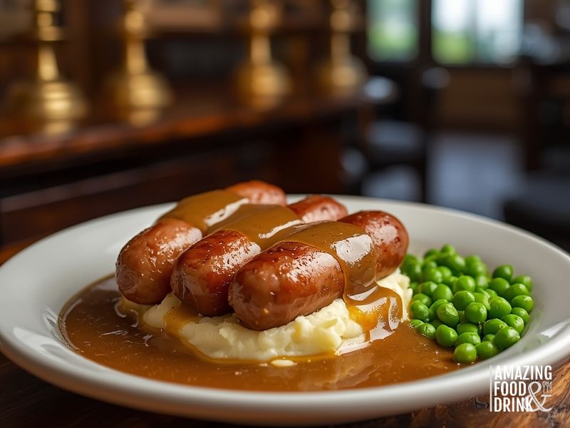 Bangers and mash with onion gravy in a British pub