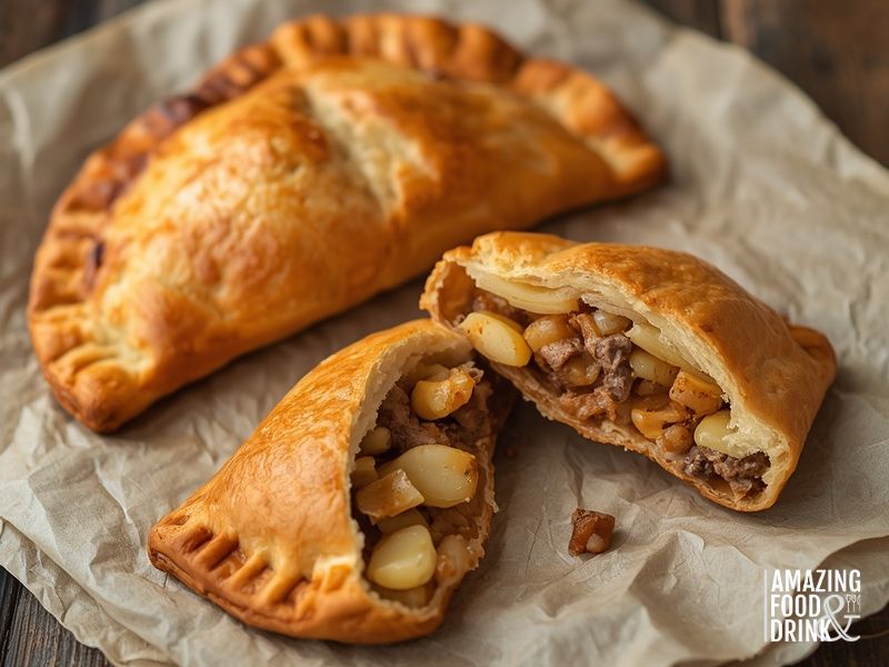 Traditional Cornish pasty showing crimped edge and meat filling