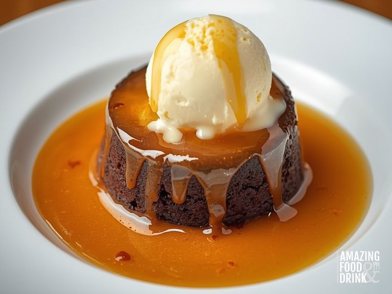 Sticky toffee pudding with toffee sauce and vanilla ice cream