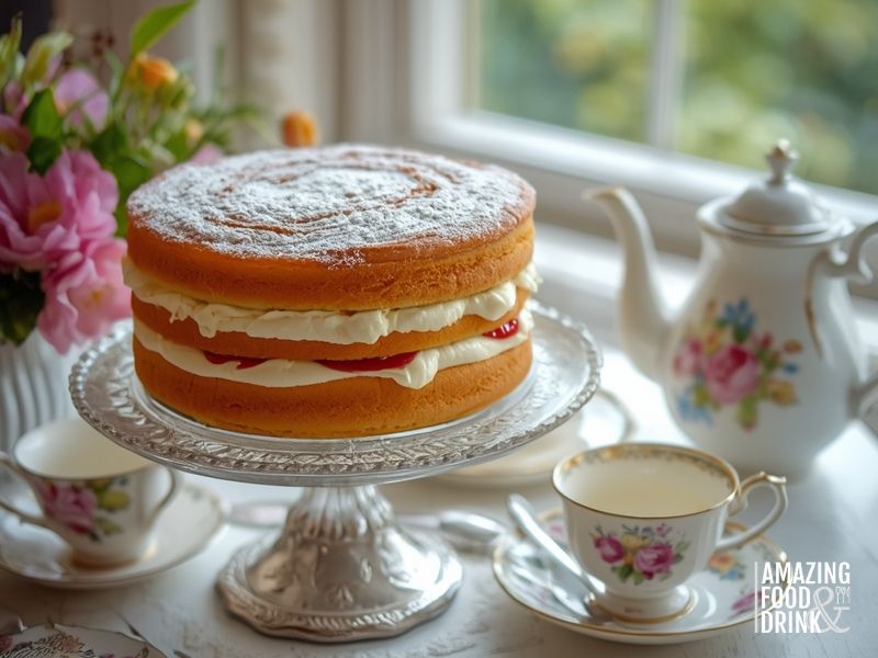 Victoria sponge cake with jam and cream filling on a cake stand