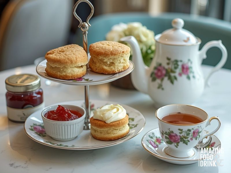 Traditional British cream tea with scones, clotted cream and jam