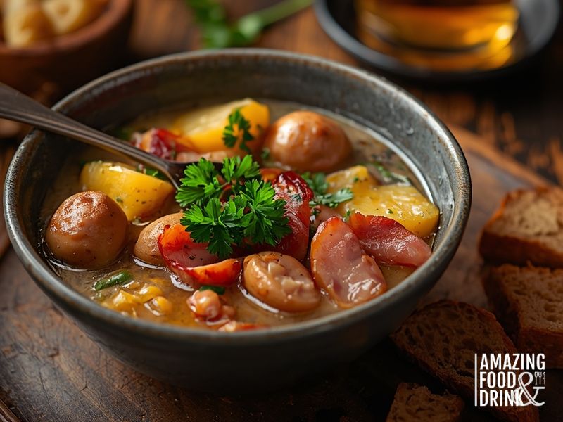 Dublin coddle with sausages, bacon and potatoes served with soda bread