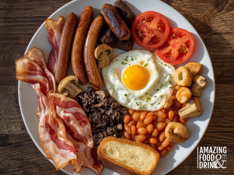 Traditional Full Irish foods breakfast with sausages, bacon, black and white pudding, egg and accompaniments