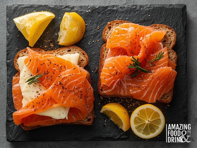 Irish smoked salmon on brown soda bread with butter and lemon
