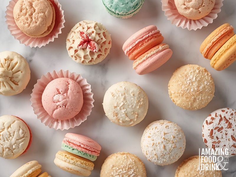 Delicate meringue-based cookies including Italian Amaretti with crackled tops, French macarons, and almond Ricciarelli