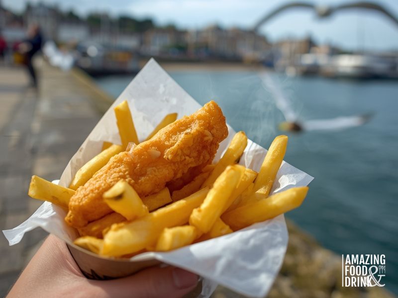 Fresh fish and chips wrapped in paper at a British seaside town