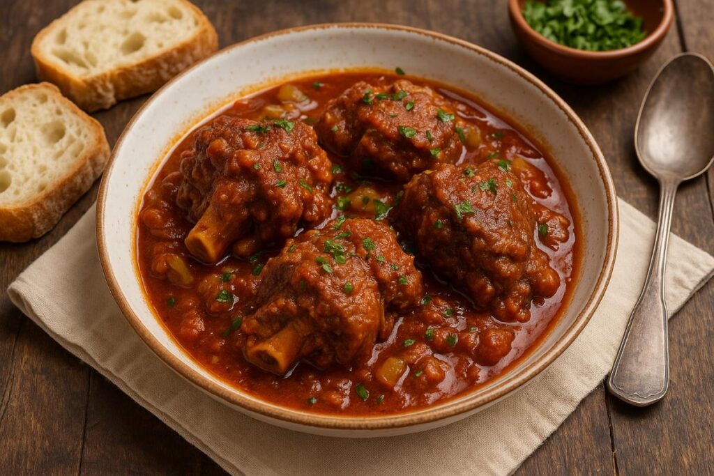 Coda alla Vaccinara &ndash; traditional Roman oxtail stew served in a rustic bowl with tomato sauce and crusty bread on the side