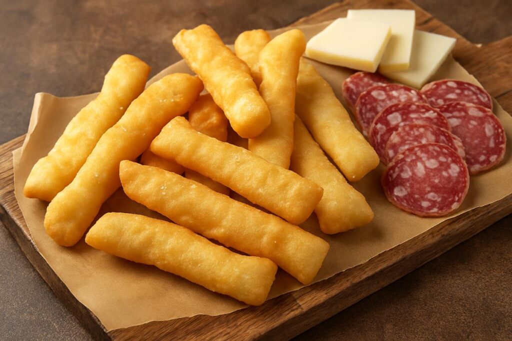 Sgabei &ndash; Ligurian fried bread sticks served on parchment paper with slices of salami and cheese on a rustic wooden board