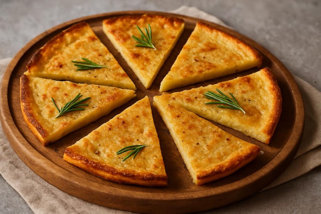 Farinata &ndash; traditional Ligurian chickpea flatbread sliced into wedges and garnished with fresh rosemary on a wooden serving board