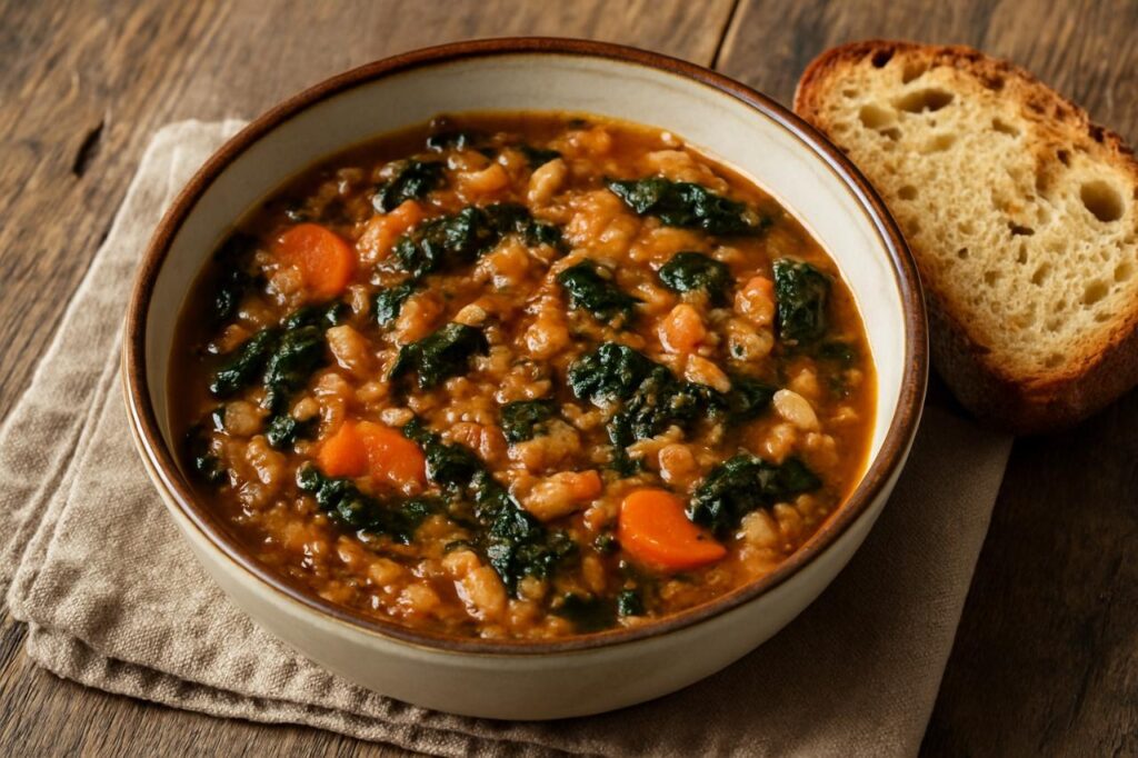 Ribollita &ndash; Tuscan bread and vegetable soup served warm in a rustic ceramic bowl with a slice of crusty artisan bread on the side