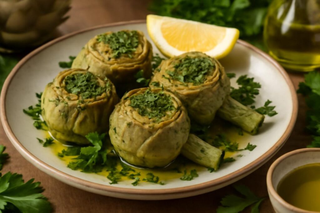 Carciofi alla Romana &ndash; Roman-style artichokes stuffed with herbs and braised in olive oil, served with fresh parsley and lemon