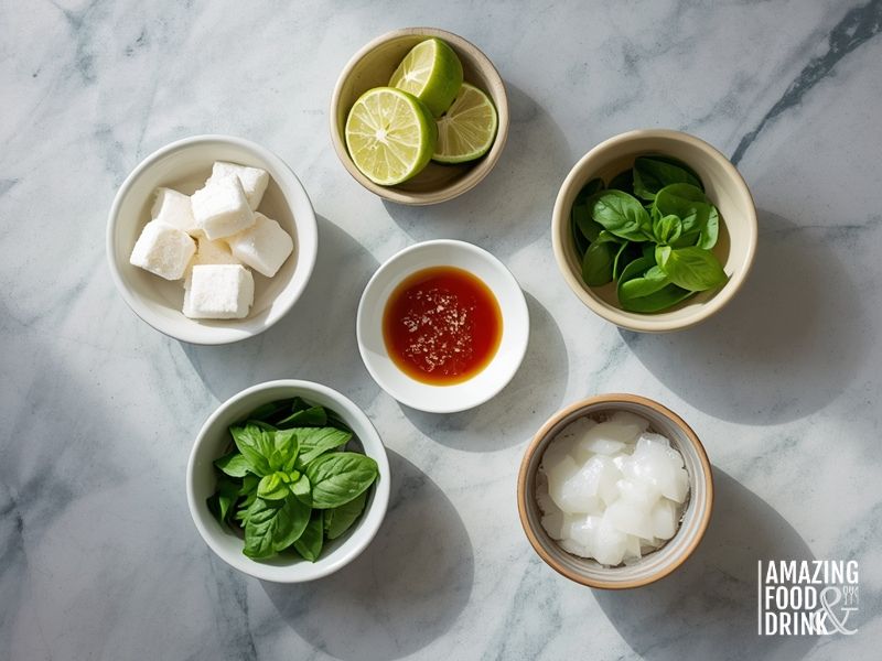 Five dishes displaying ingredients representing sweet, sour, salty, bitter, and umami flavours in Asian cooking