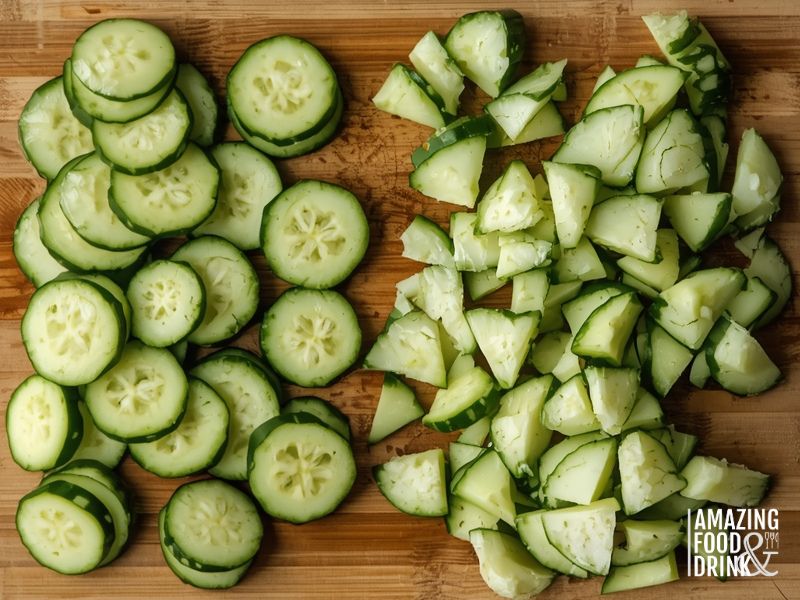 Comparison of sliced cucumber versus smashed cucumber showing texture differences for better dressing absorption