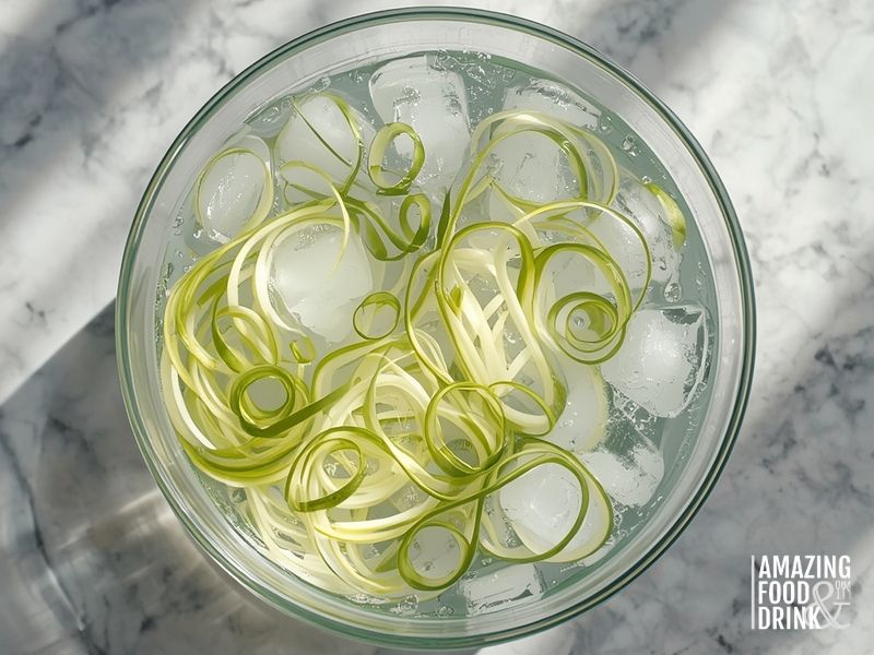 Large glass bowl filled with ice water containing julienned spring onions that are visibly curled, with ice cubes floating, condensation on the bowl exterior, placed on marble kitchen counter, bright natural light, overhead angle
Alt text: Spring onions soaking in ice water bath showing the curling effect that creates maximum crunch