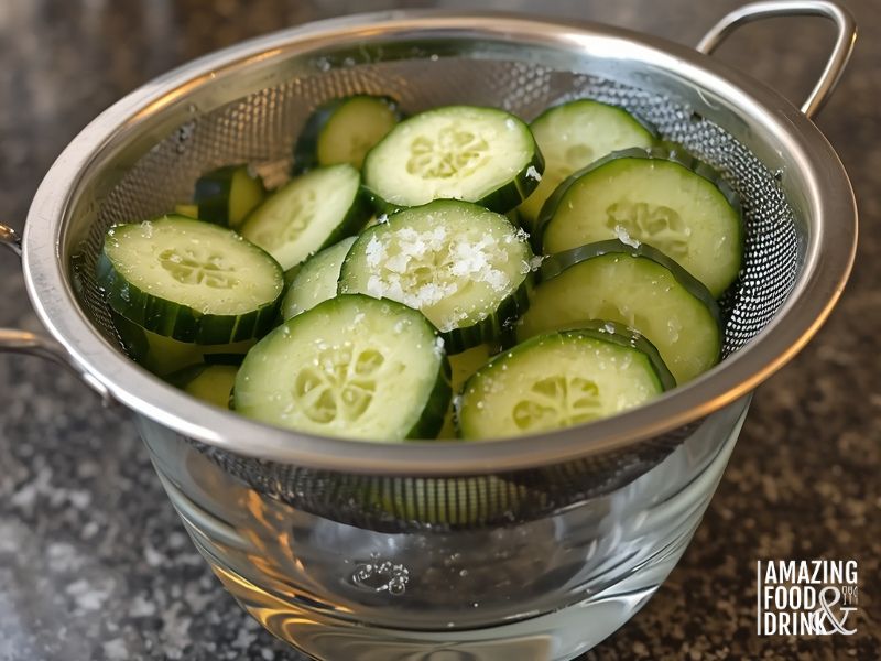 Salted cucumbers in colander demonstrating the salt draw technique for removing excess moisture