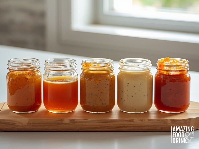 Five master Asian salad dressings displayed in glass jars showing different colours and consistencies