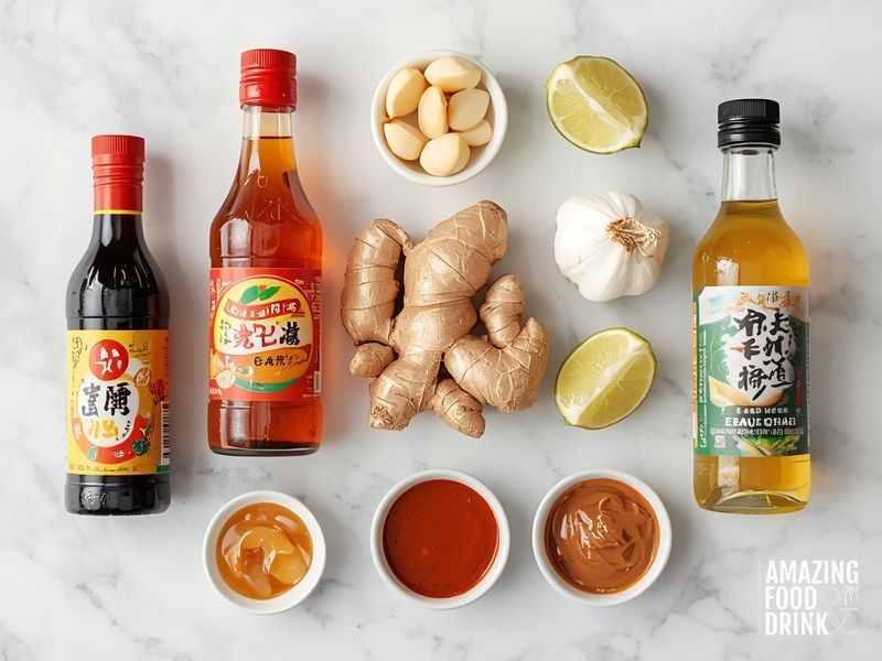 Essential ingredients for making Asian salad dressings including soy sauce, sesame oil, rice vinegar, ginger, and various condiments