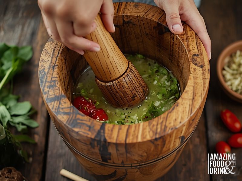 Traditional Thai som tum being prepared in a wooden mortar and pestle with fresh ingredients