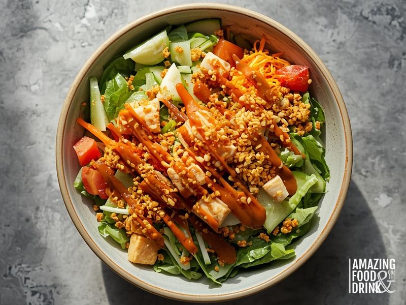 Thai peanut salad with mixed vegetables, egg, tofu, and rich peanut sauce topped with crispy fried shallots