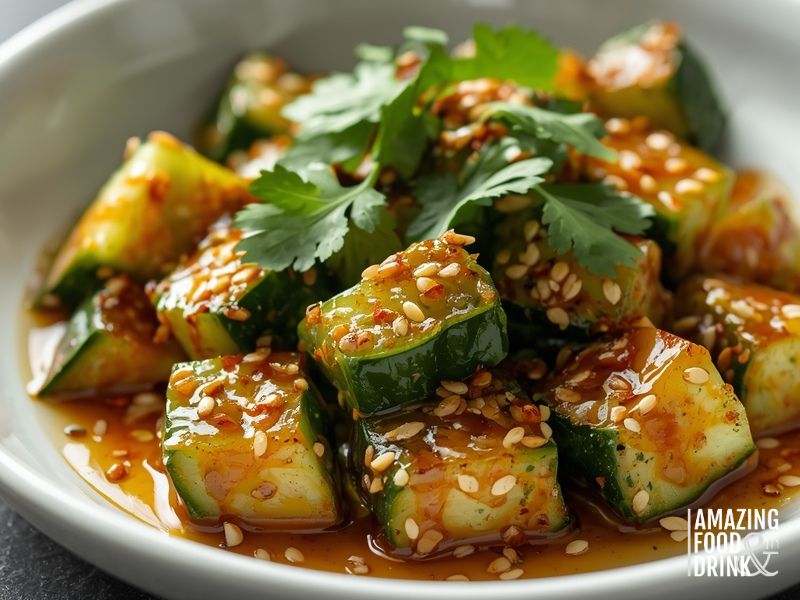 Chinese smashed cucumber salad with garlic-chilli dressing, sesame seeds, and fresh coriander