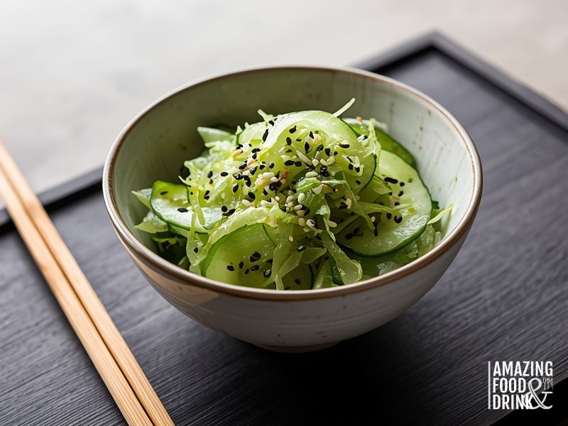 Japanese sunomono salad with wakame seaweed and cucumber in traditional ceramic bowl