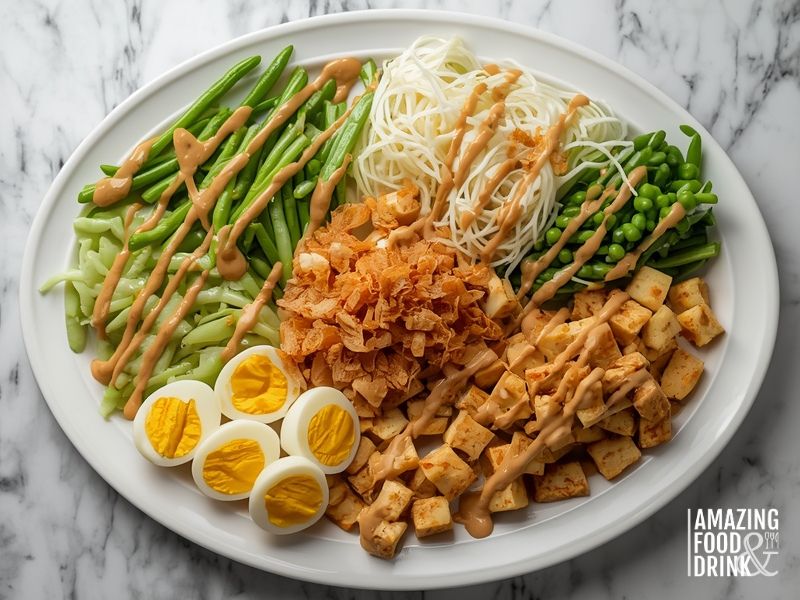  Indonesian gado gado warm salad with mixed vegetables, eggs, tofu, and creamy peanut sauce