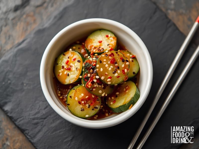 Korean cucumber salad (oi muchim) with gochugaru chilli flakes and sesame seeds in traditional banchan bowl