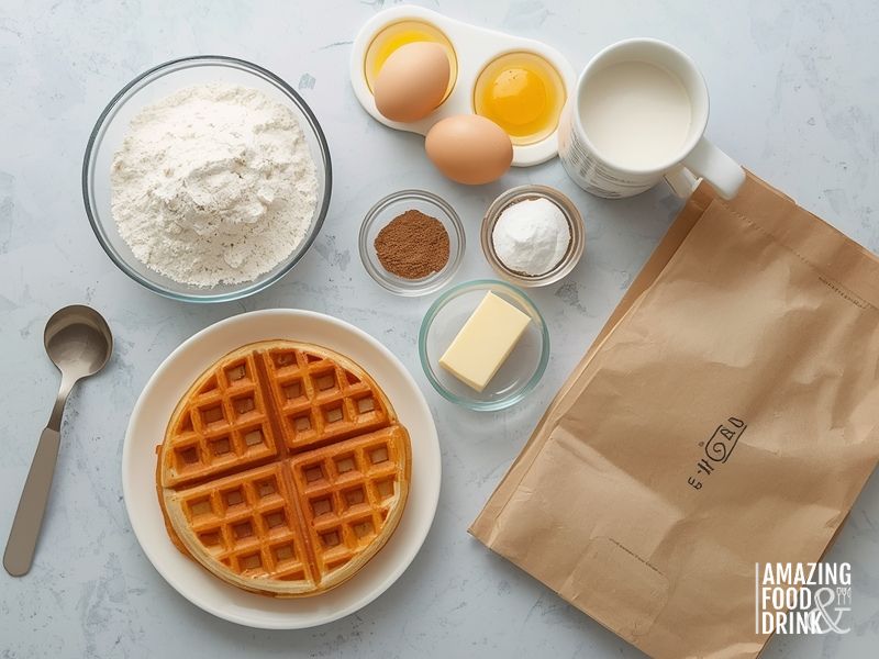 A flat lay of waffle ingredients perfect for your waffle business: flour, eggs, milk, cinnamon, baking powder, butter, a metal spoon, and a plate with two waffles on a light surface.