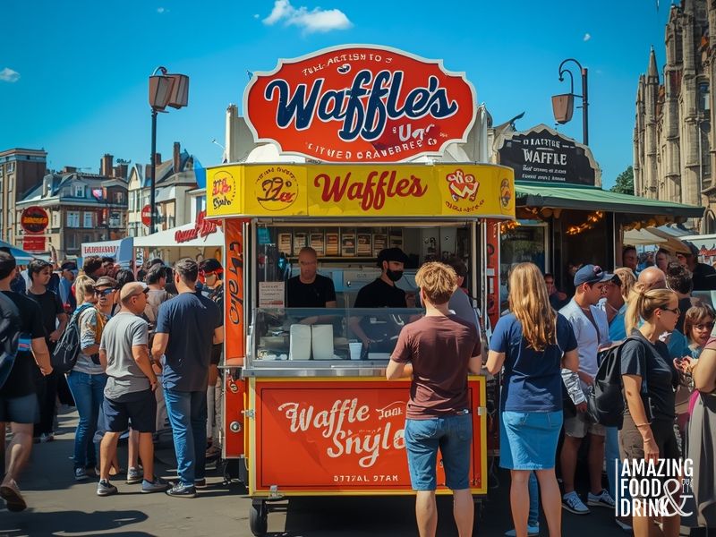 Waffle business mobile cart at UK street food market with customers