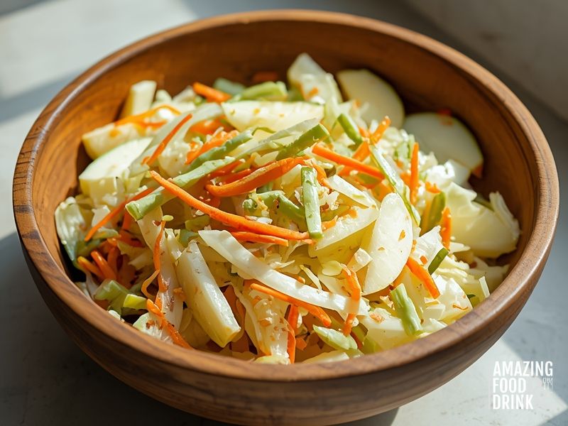 Cabbage and apple salad with julienned vegetables and Dijon mustard dressing