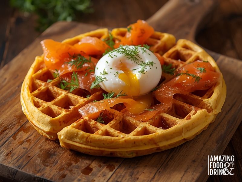Savoury waffle with egg and salmon for all-day waffle business menu