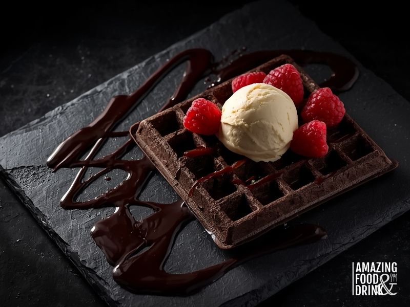 Rich chocolate waffle with toppings for premium waffle business menu