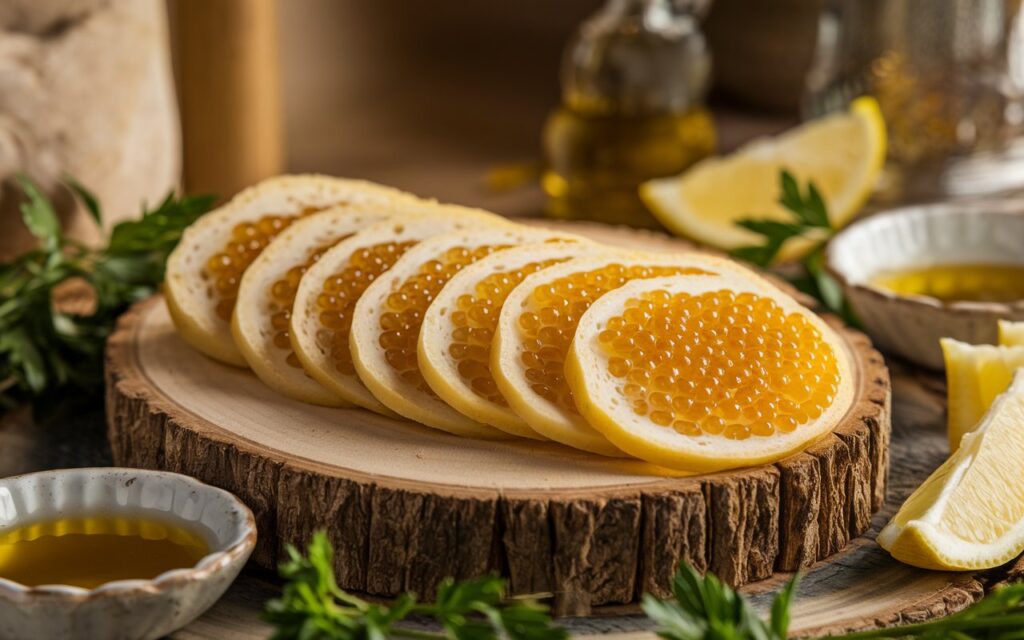 Bottarga &ndash; traditional Mediterranean caviar slices served with olive oil, lemon, and fresh herbs on a wooden board.

