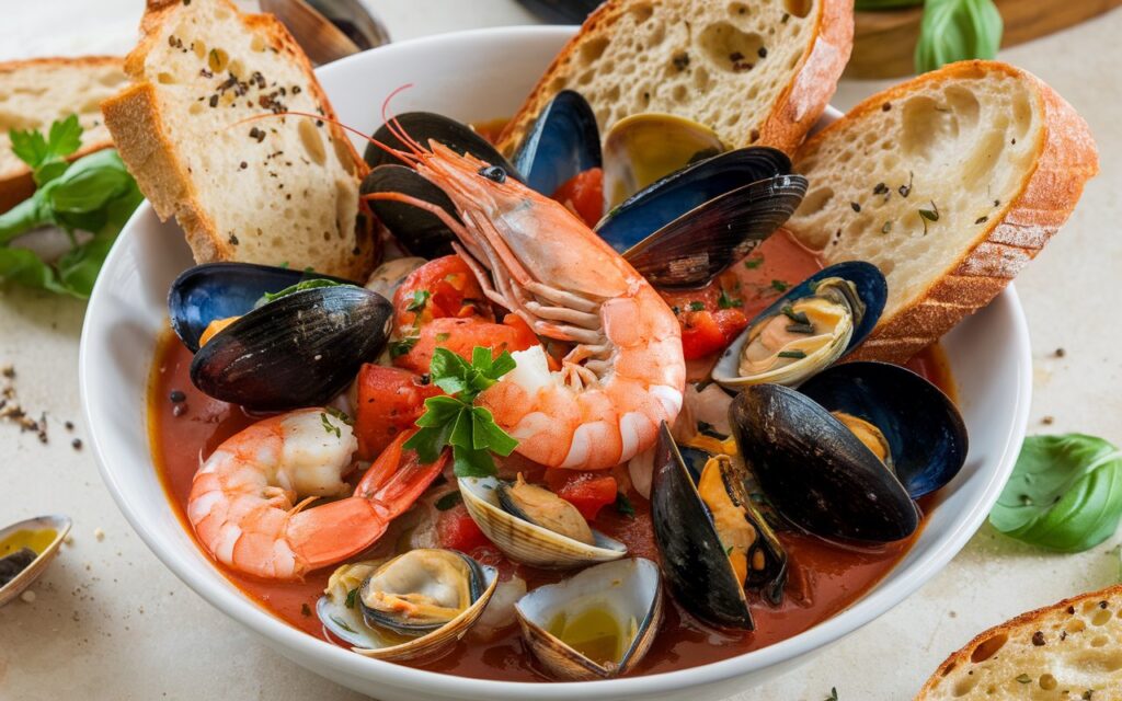 Cacciucco &ndash; Tuscan seafood stew served with toasted bread, fresh herbs, and a drizzle of olive oil in a rustic bowl