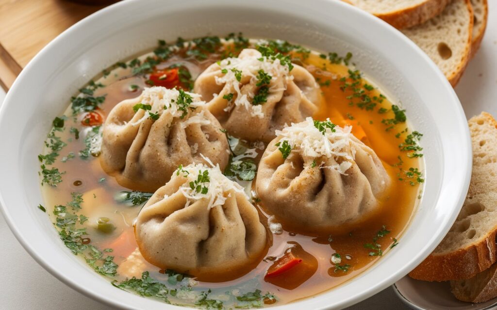 Canederli &ndash; traditional Italian dumplings served in a rich broth, garnished with parsley and cheese, on a rustic plate