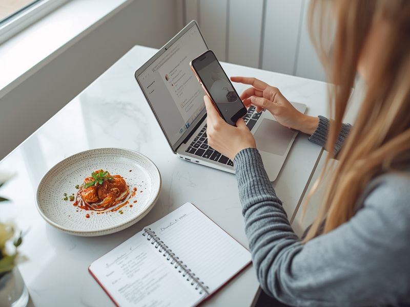 Food blogger working on laptop with finished recipe dish and smartphone for food photography on kitchen table
