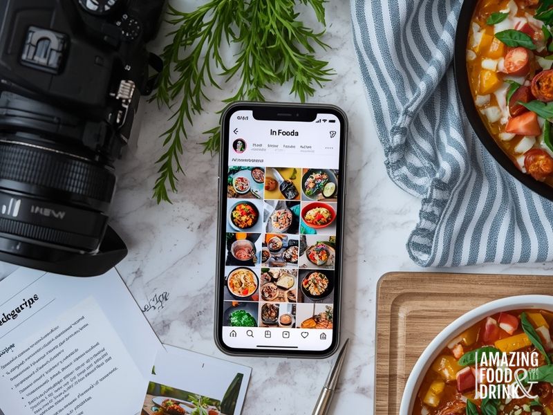 Smartphone showing Instagram food blog profile with camera and recipe planning materials for social media strategy