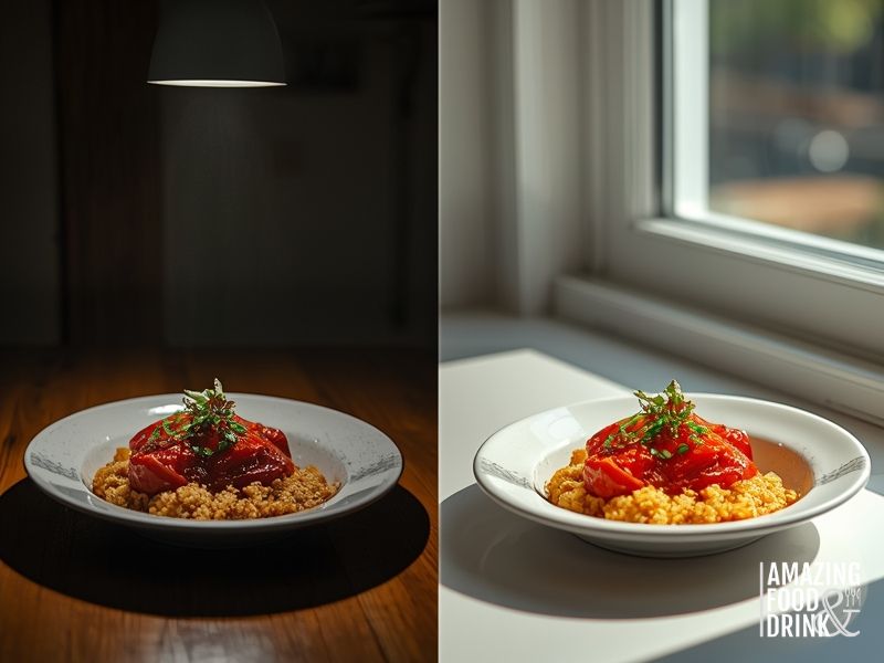 Comparison of food photography with bad fluorescent lighting versus good natural window light showing the same dish