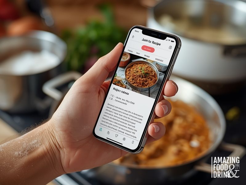 Hand holding smartphone showing food blog recipe with jump to recipe button while cooking in kitchen