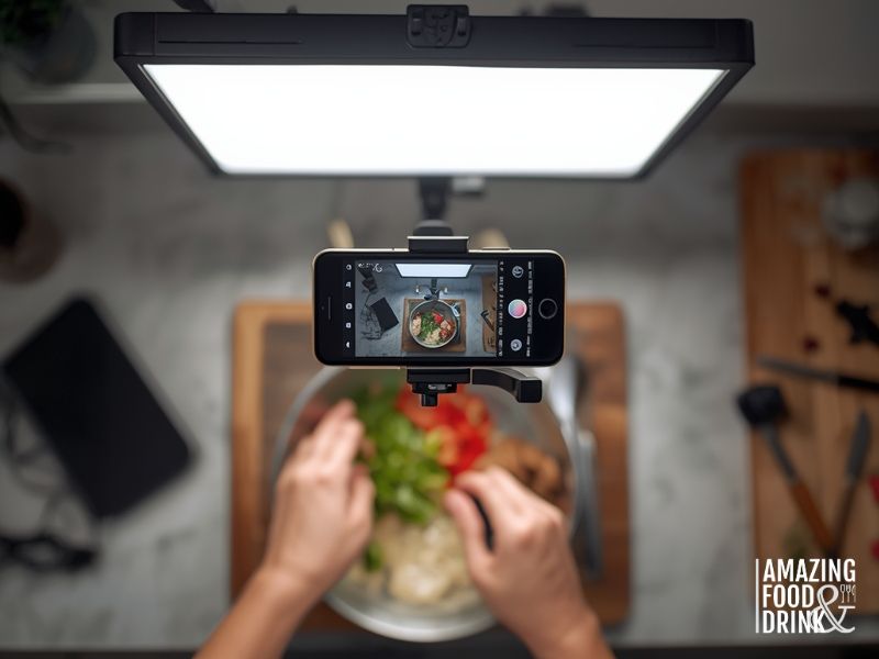 Smartphone on tripod with LED lighting setup for filming vertical recipe videos for TikTok and Instagram Reels