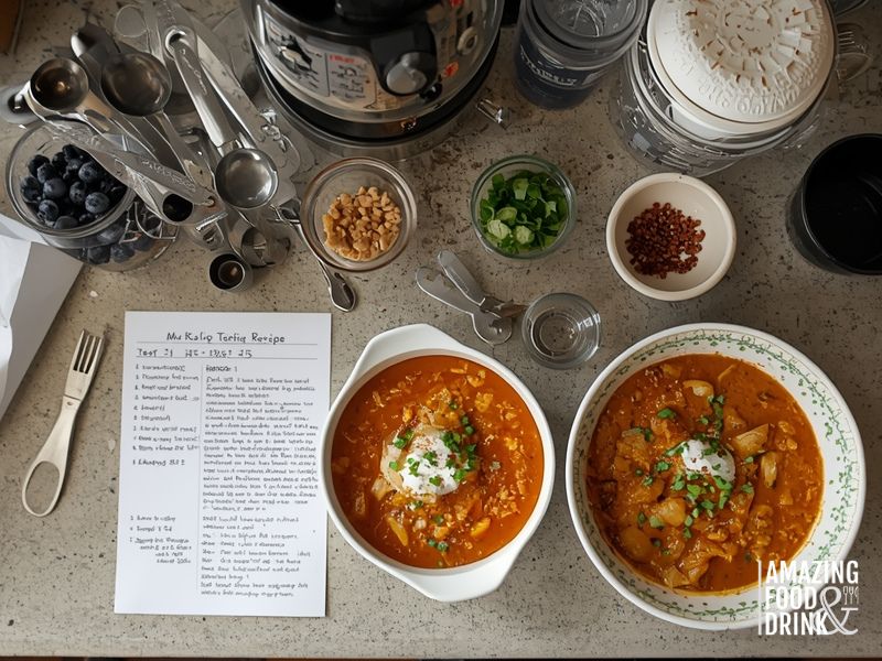 Recipe testing process with handwritten notes, ingredients, and multiple versions of dish for food blog accuracy